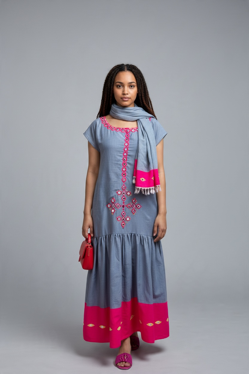 LK-W-004 - Cotton Dress & Netela (Scarf), Eje Tilf (Hand Embroidery)