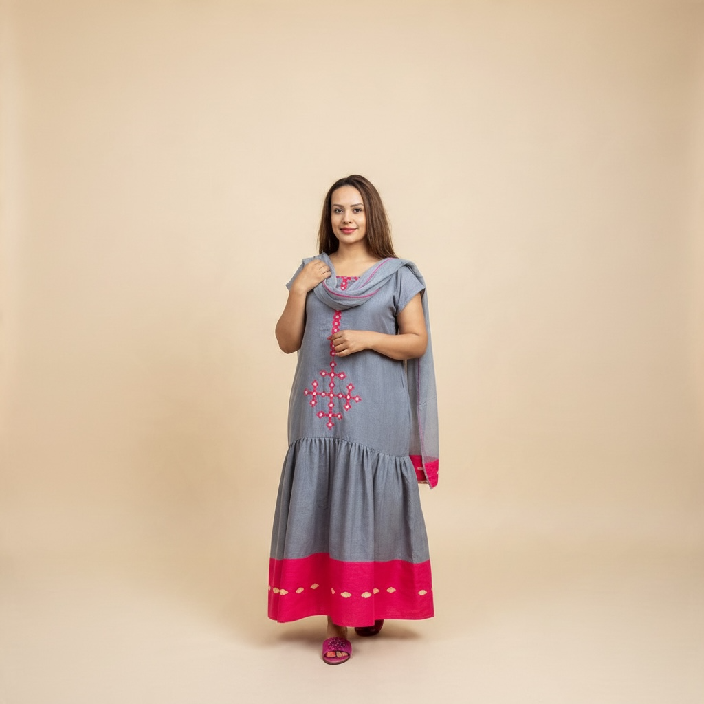 LK-W-004 - Cotton Dress & Netela (Scarf), Eje Tilf (Hand Embroidery)